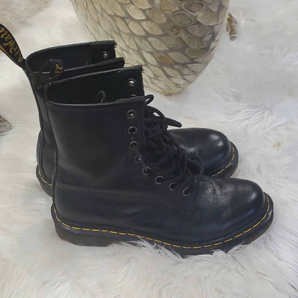 Dr. Martens Black Unisex Leather Boots with Yellow Accents - Picture 3 of 17